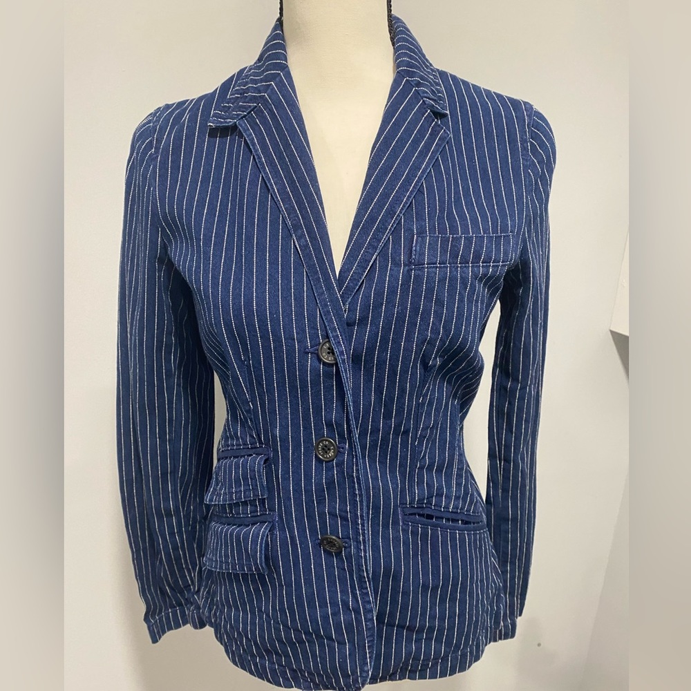 LRL Lauren Jeans Co Blazer Denim Pinstripe XS classic style 3 button jacket.